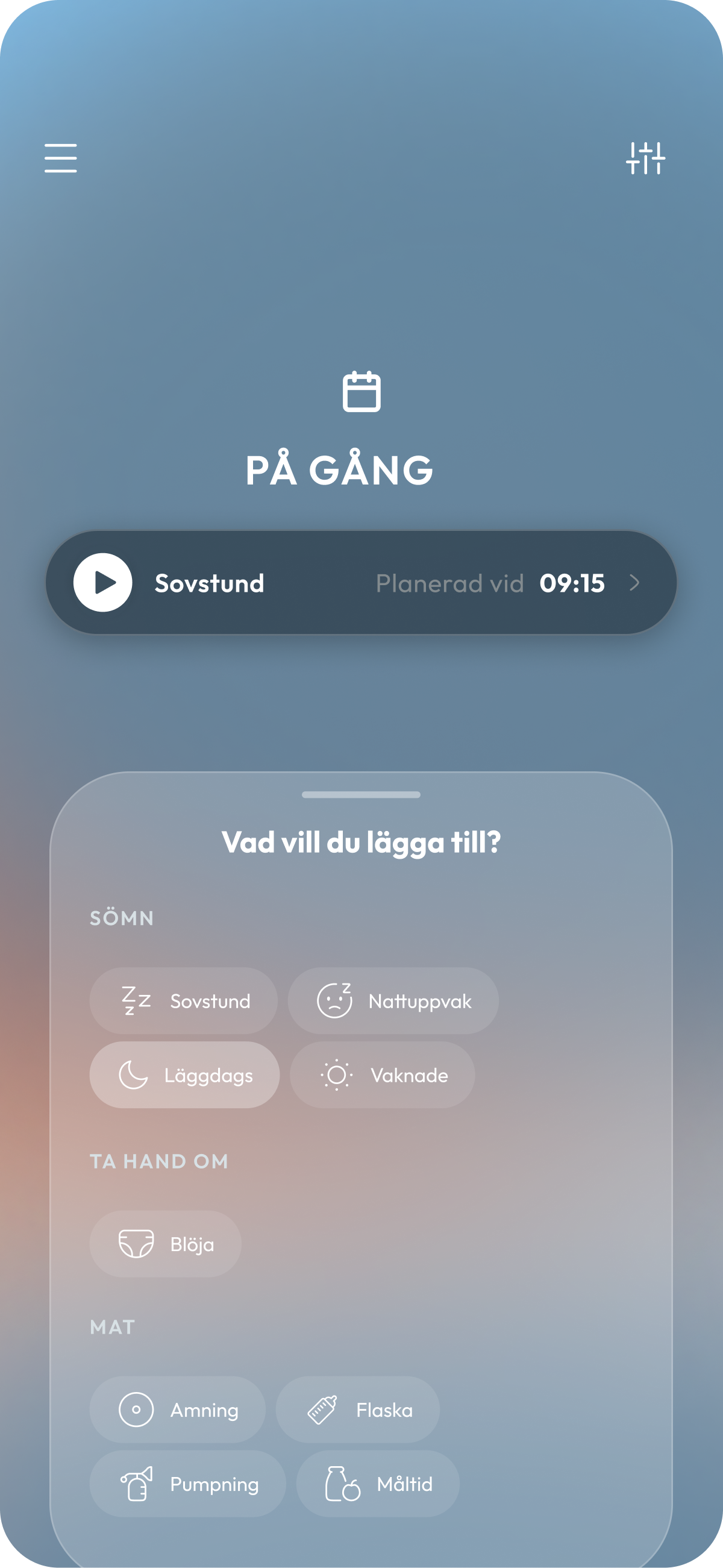 BabyNaps meny som visar alternativ för sovstund, matning och blöjbyte