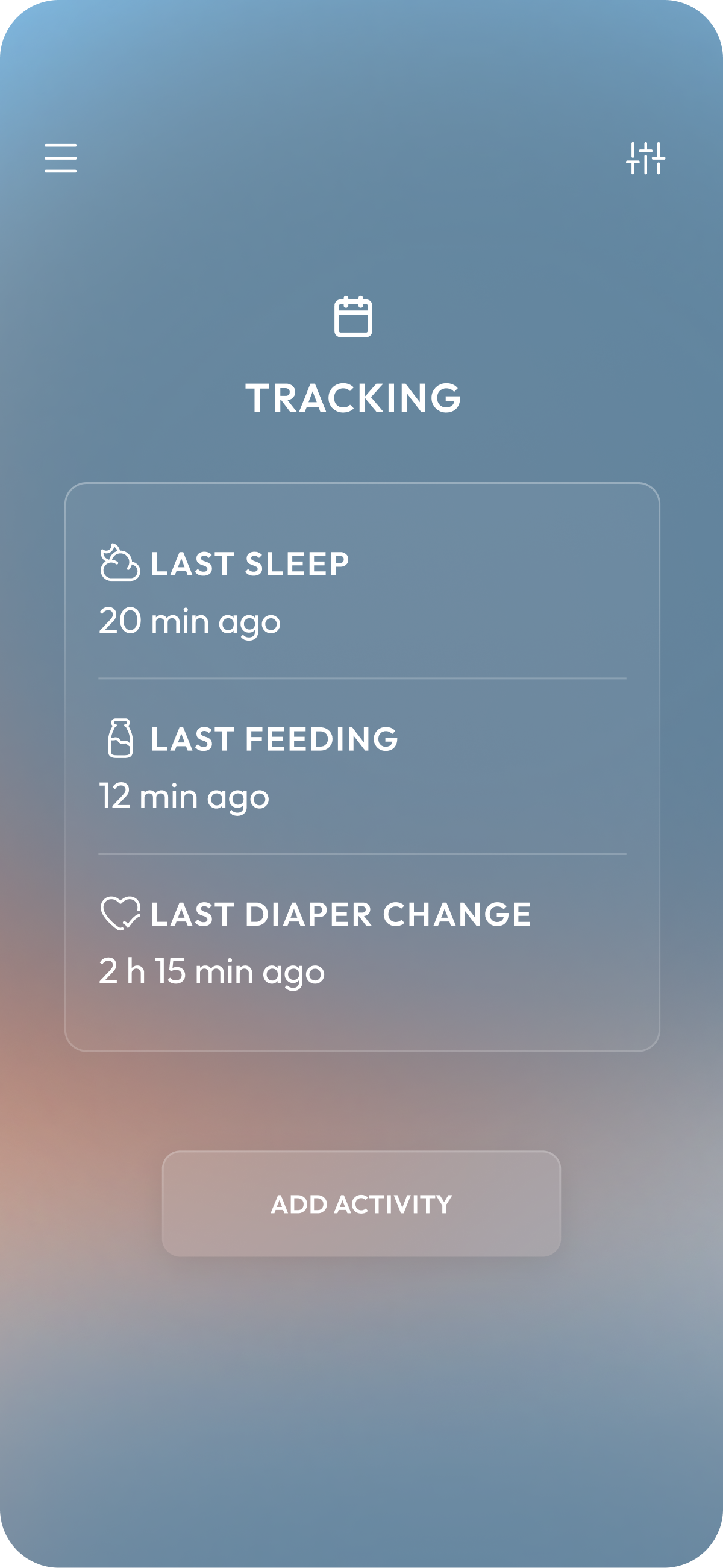 BabyNaps activity log showing recent sleep, feed and diaper change