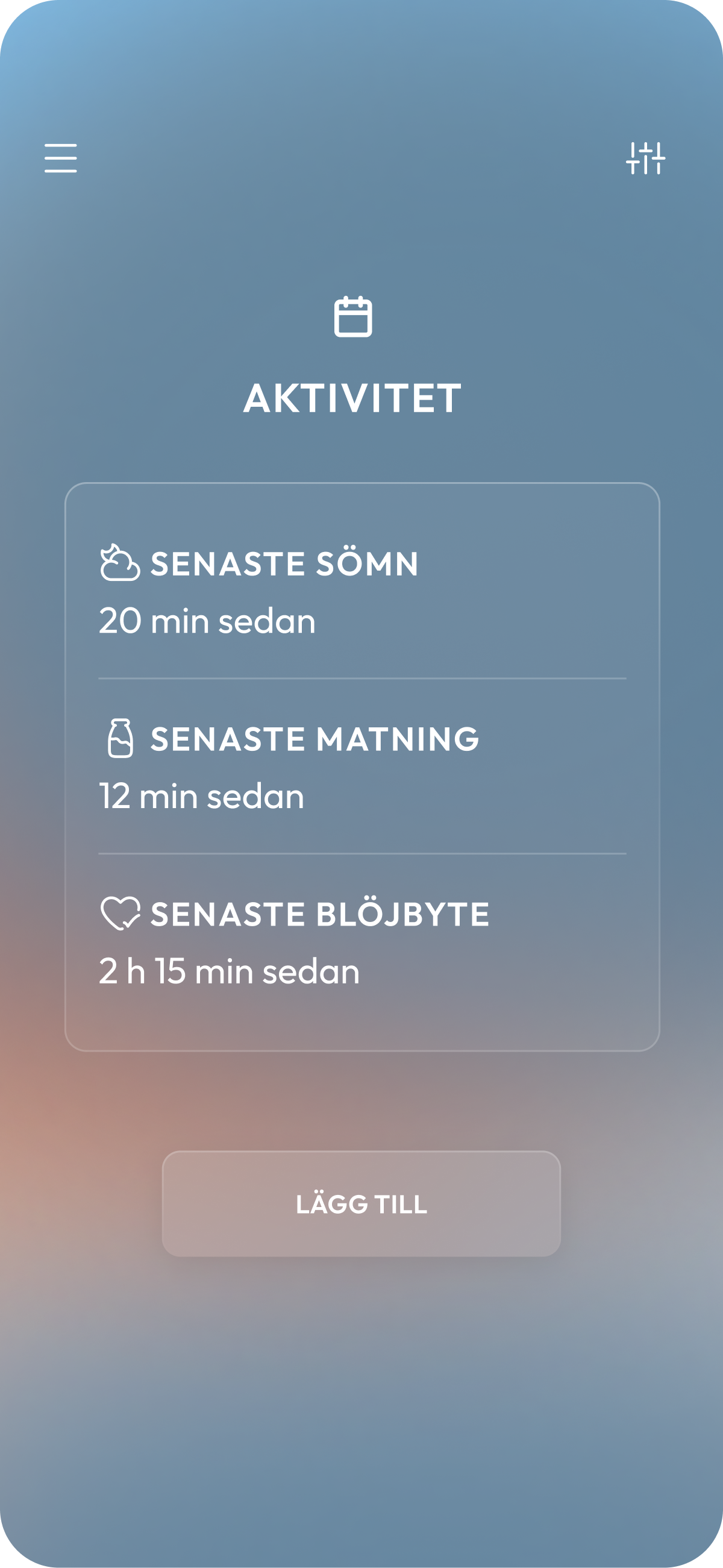 BabyNaps aktivitetslogg som visar senaste sömn, matning och blöjbyte