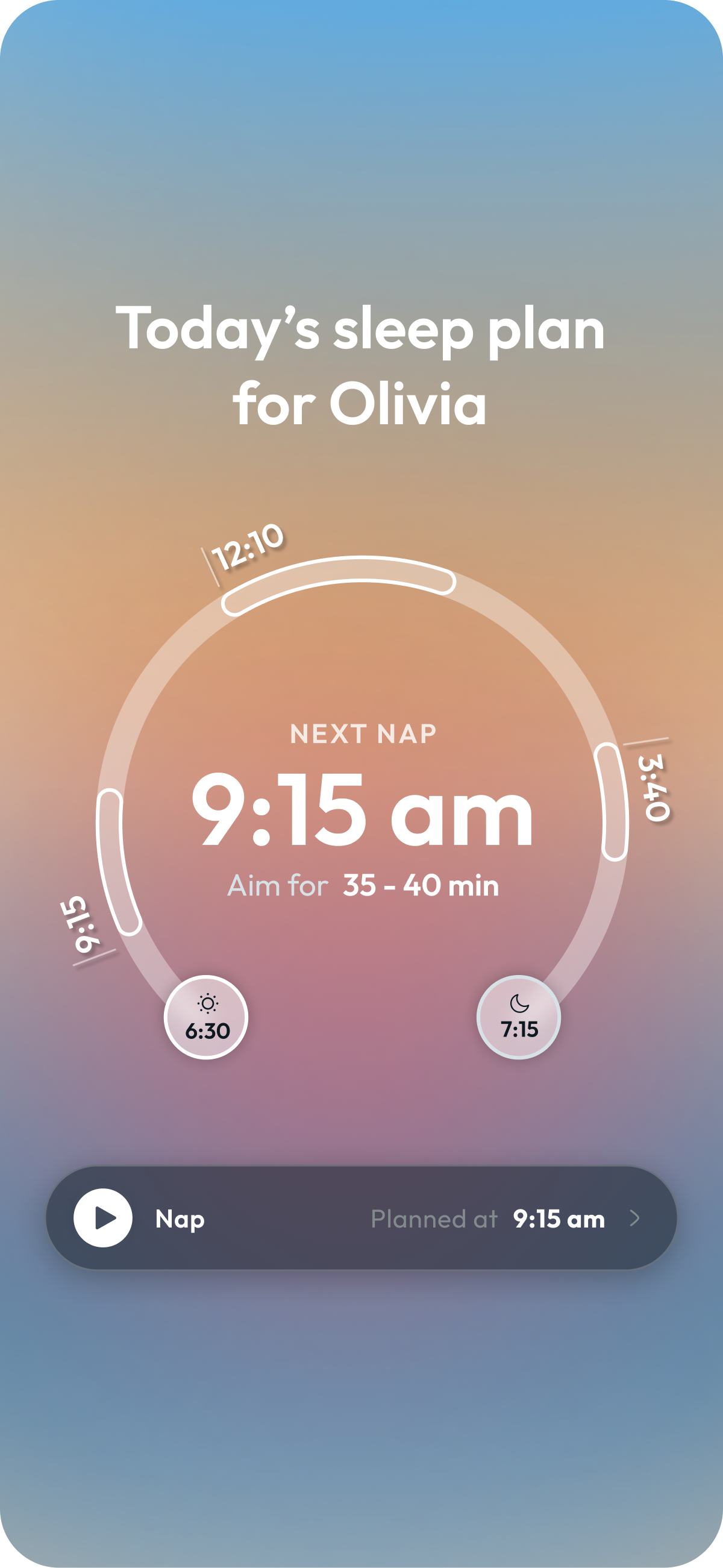 BabyNaps sleep plan for the day with wake-ups, naps and wake windows