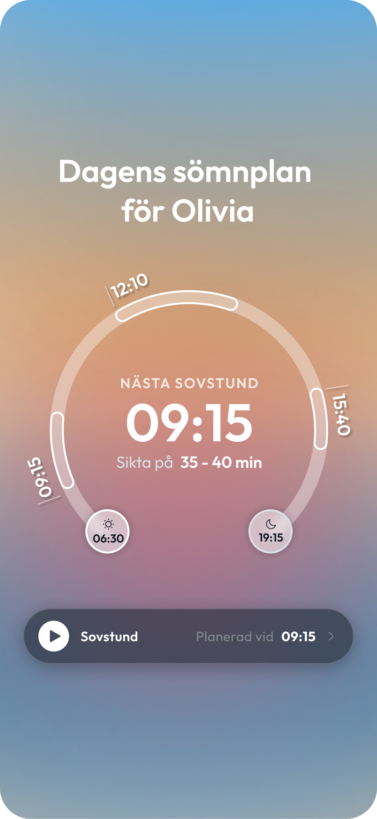 BabyNaps sömnplan för dagen med vakna, sovstund och vakenfönster